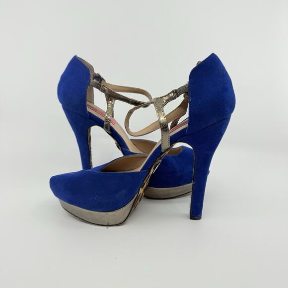 Betsey Johnson Sabine Blue Suede Heels Leopard Sole Size 7.5 Peep Toe Platform - Picture 7 of 9